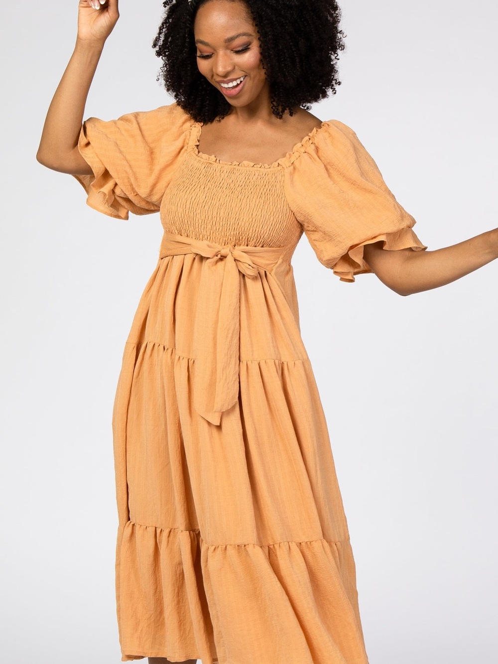 Peach Tiered Midi Dress with Puff Sleeves and Self-Tie Waist
